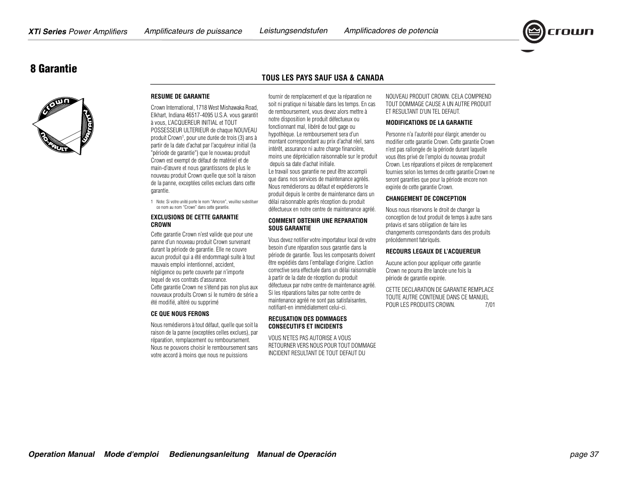 8 garantie | Crown Audio XTi 4000 User Manual | Page 37 / 44