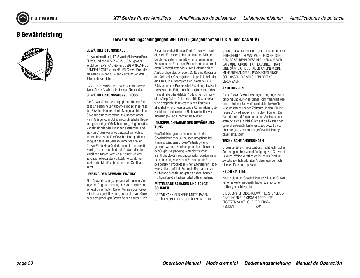 8 gewährleistung | Crown Audio XTi 4000 User Manual | Page 38 / 44