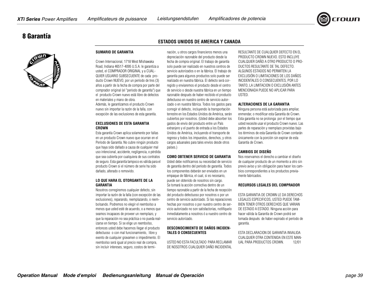 8 garantía | Crown Audio XTi 4000 User Manual | Page 39 / 44