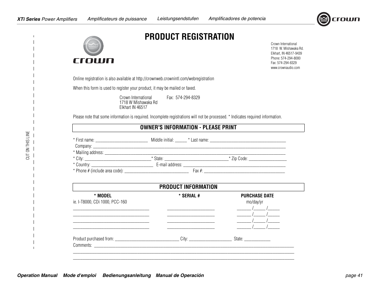 Product registration | Crown Audio XTi 4000 User Manual | Page 41 / 44