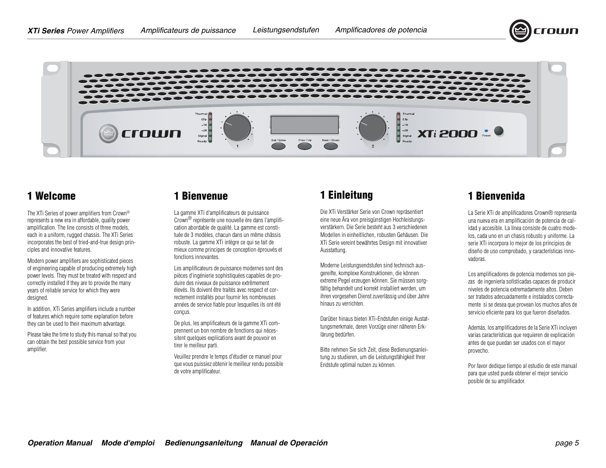 1 welcome, 1 einleitung, 1 bienvenida | 1 bienvenue | Crown Audio XTi 4000 User Manual | Page 5 / 44