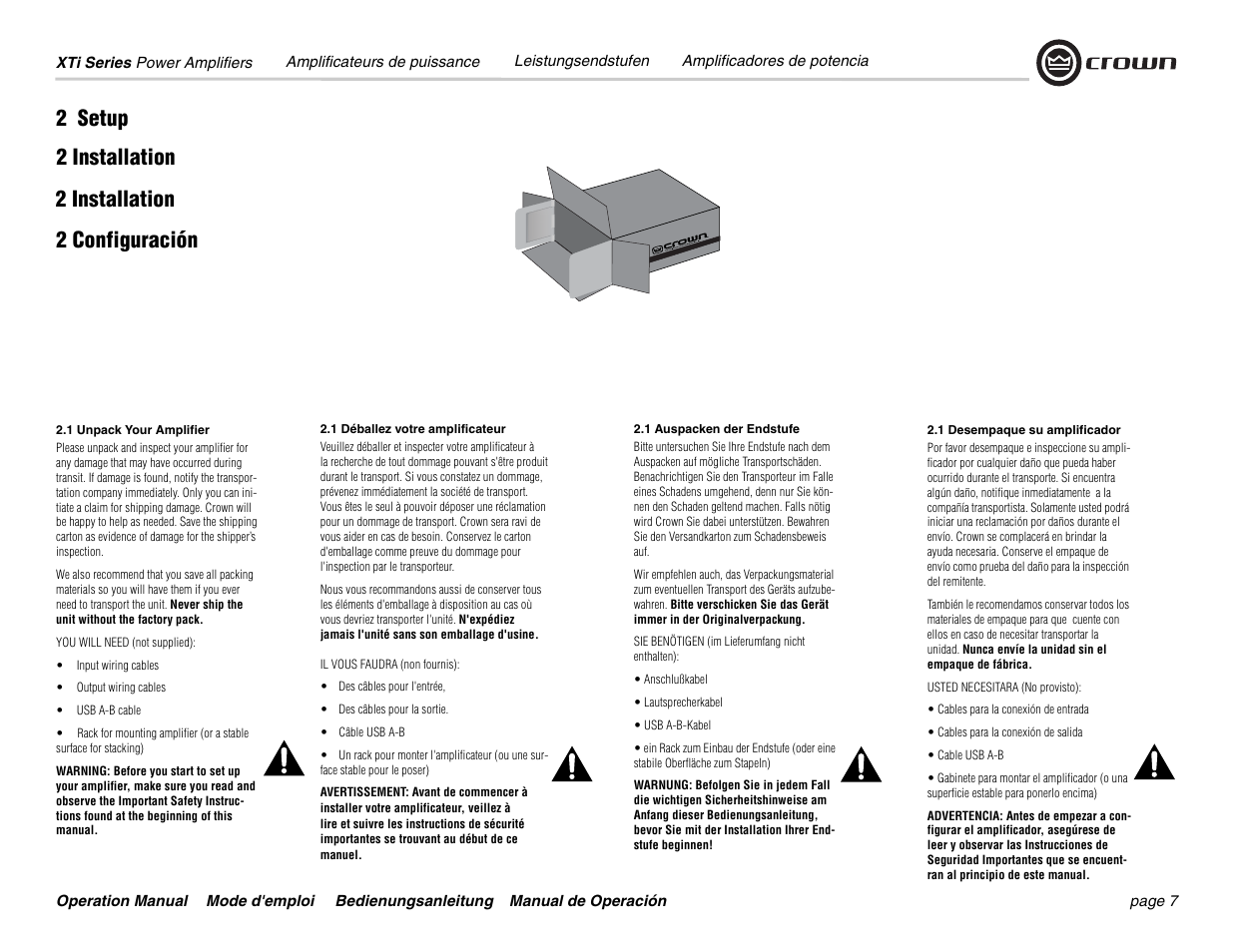 2 setup 2 installation 2 configuración, 2 installation | Crown Audio XTi 4000 User Manual | Page 7 / 44