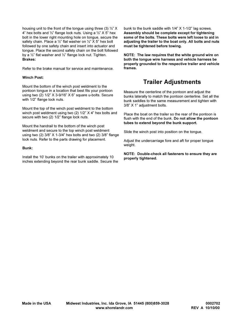 Trailer adjustments | ShoreLand'r PT2440TBB-13 User Manual | Page 4 / 4