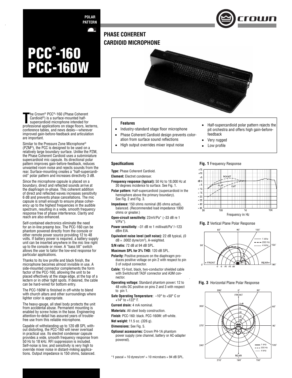 Crown Audio PCC-160W User Manual | 2 pages