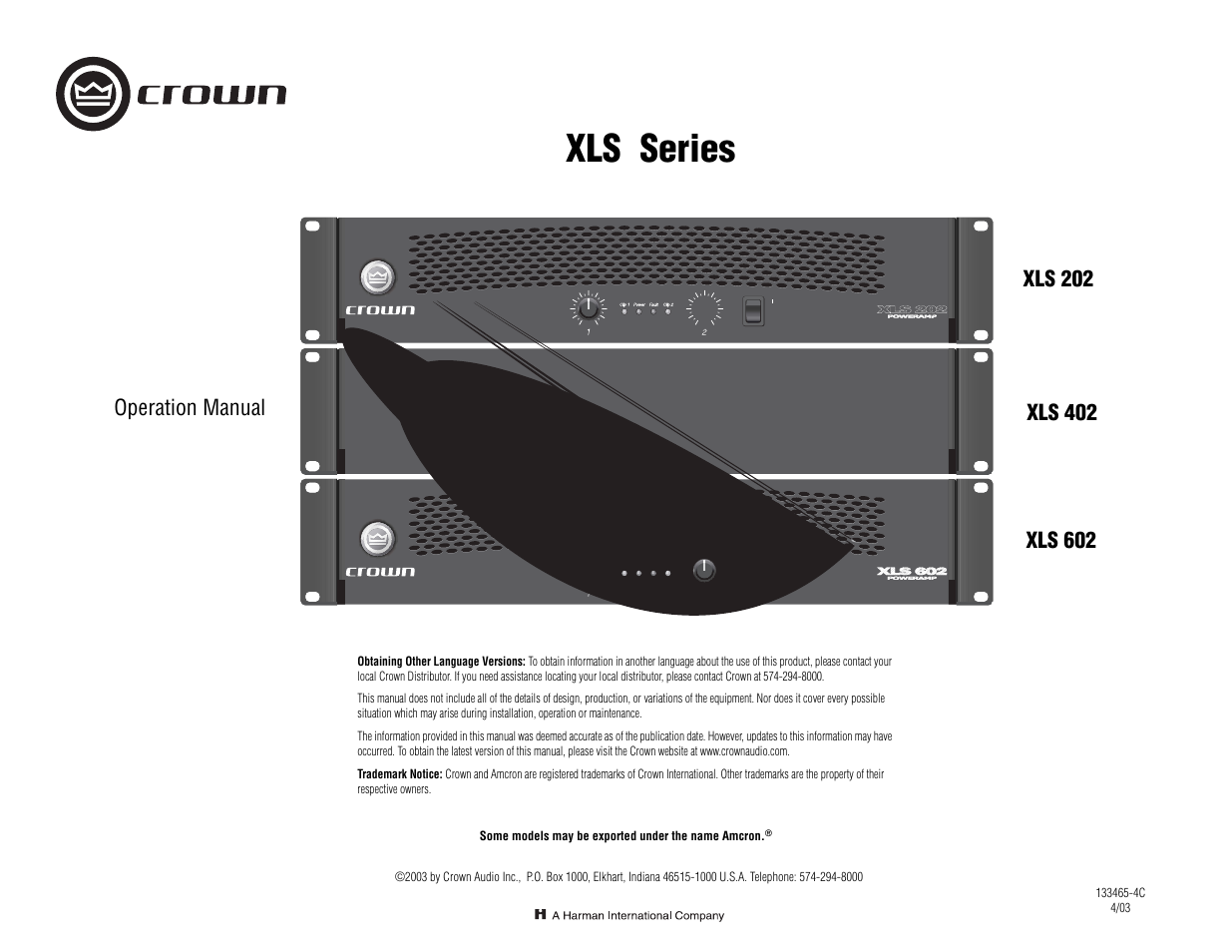 Crown Audio XLS Series 202 User Manual | 28 pages