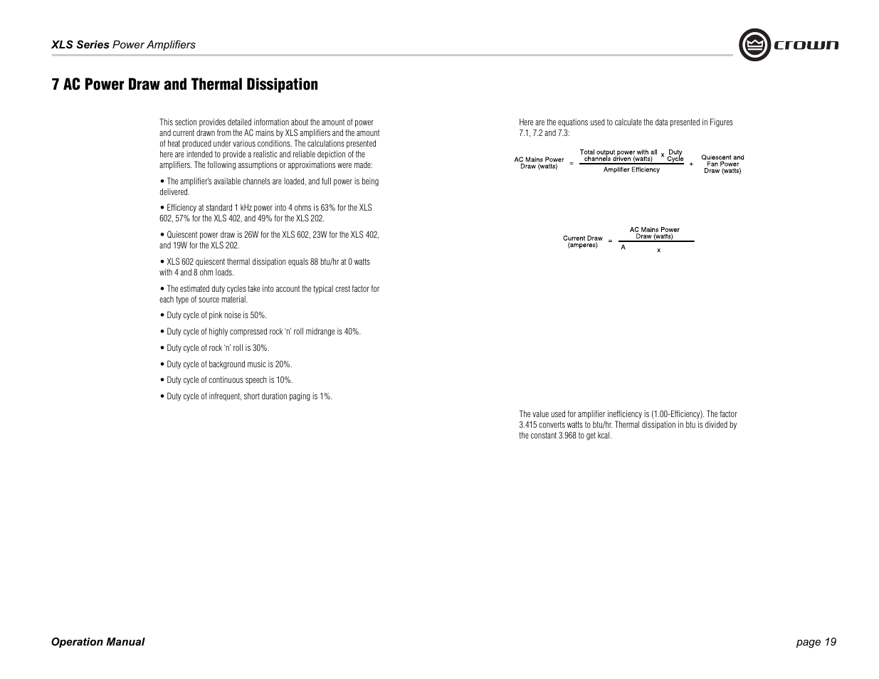 7 ac power draw and thermal dissipation | Crown Audio XLS Series 202 User Manual | Page 19 / 28