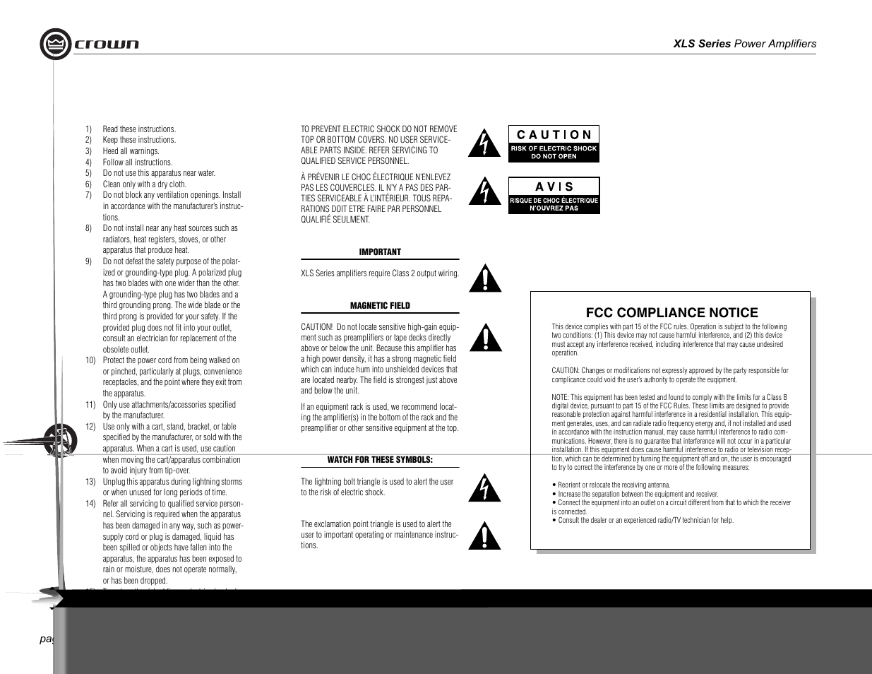 Fcc compliance notice | Crown Audio XLS Series 202 User Manual | Page 2 / 28