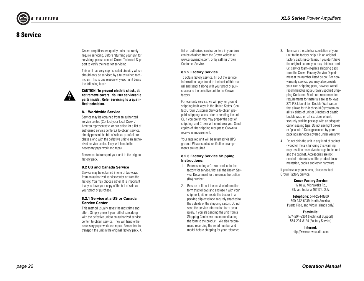 8 service | Crown Audio XLS Series 202 User Manual | Page 22 / 28