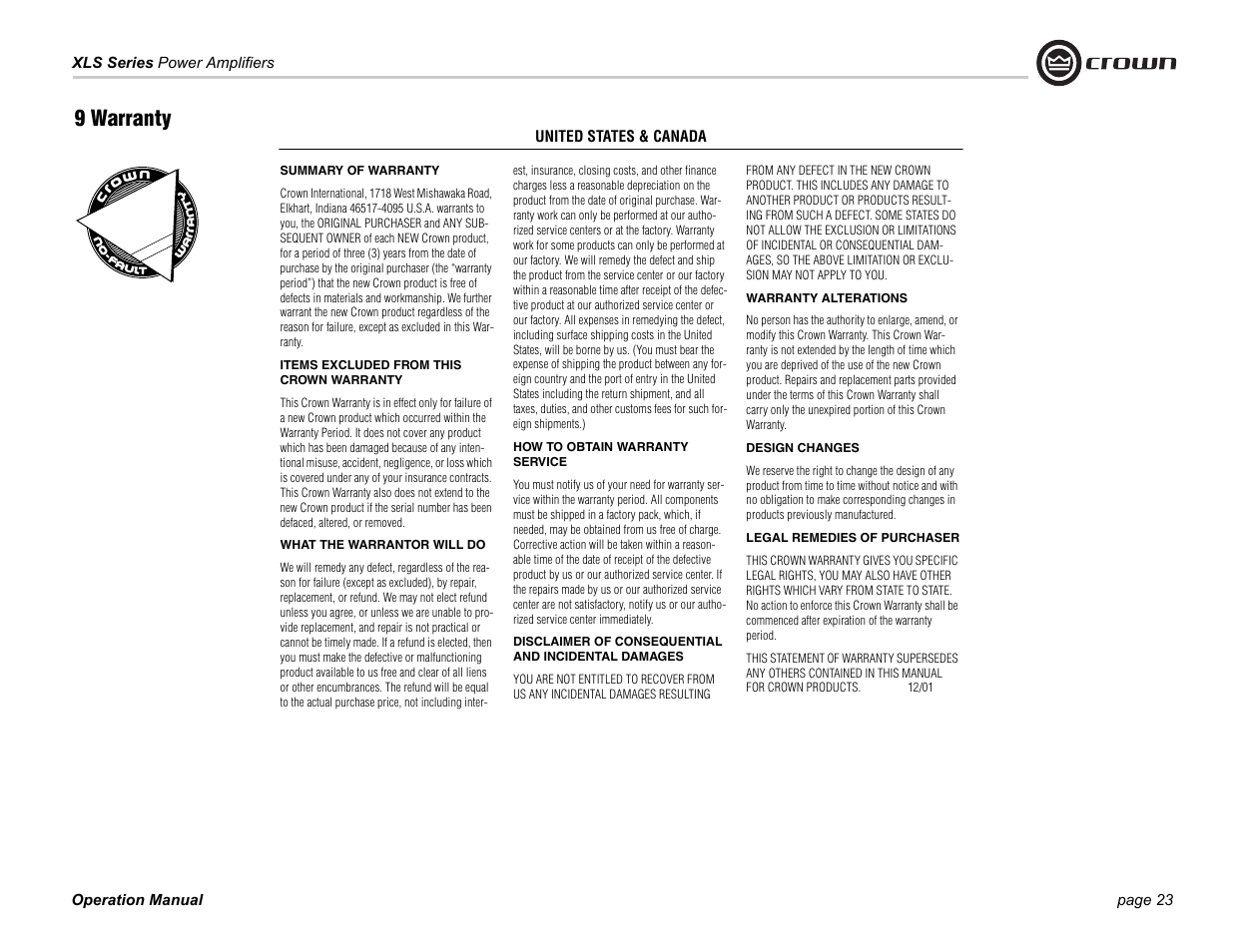9 warranty | Crown Audio XLS Series 202 User Manual | Page 23 / 28