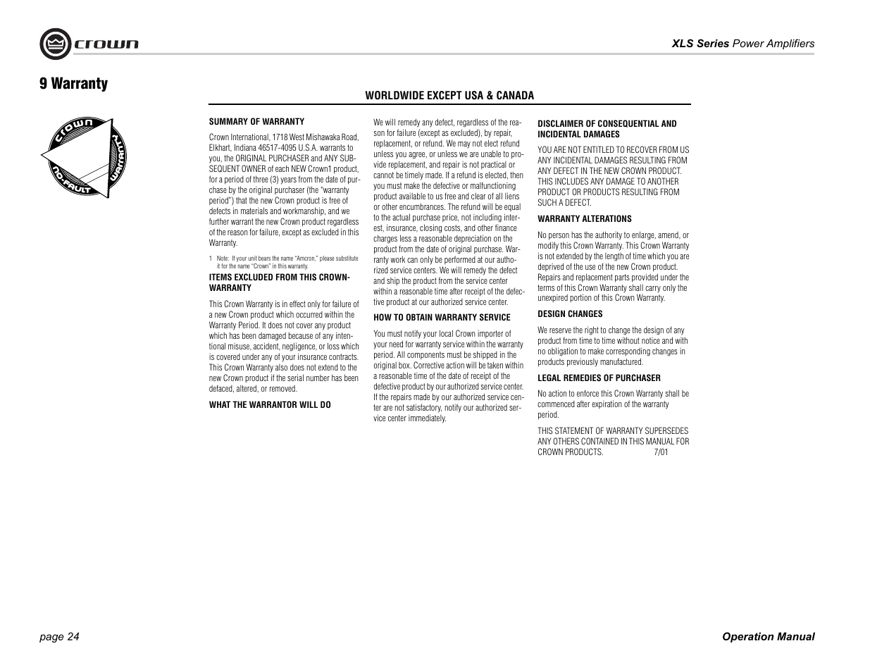 9 warranty | Crown Audio XLS Series 202 User Manual | Page 24 / 28