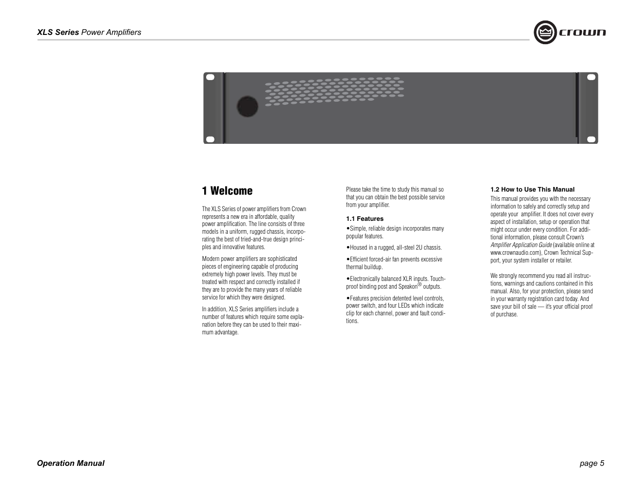 1 welcome | Crown Audio XLS Series 202 User Manual | Page 5 / 28