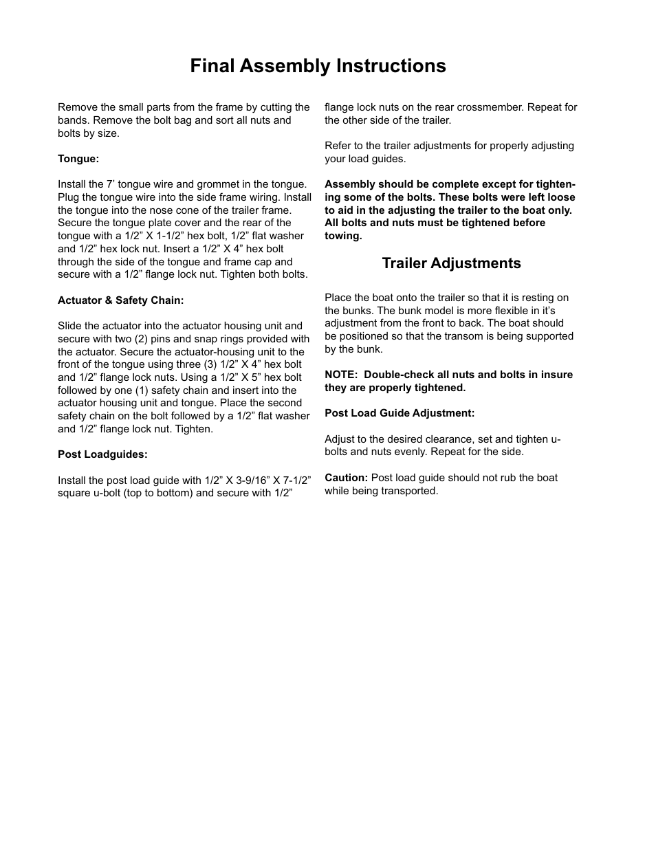 Final assembly instructions, Trailer adjustments | ShoreLand'r SLIB31B User Manual | Page 4 / 11