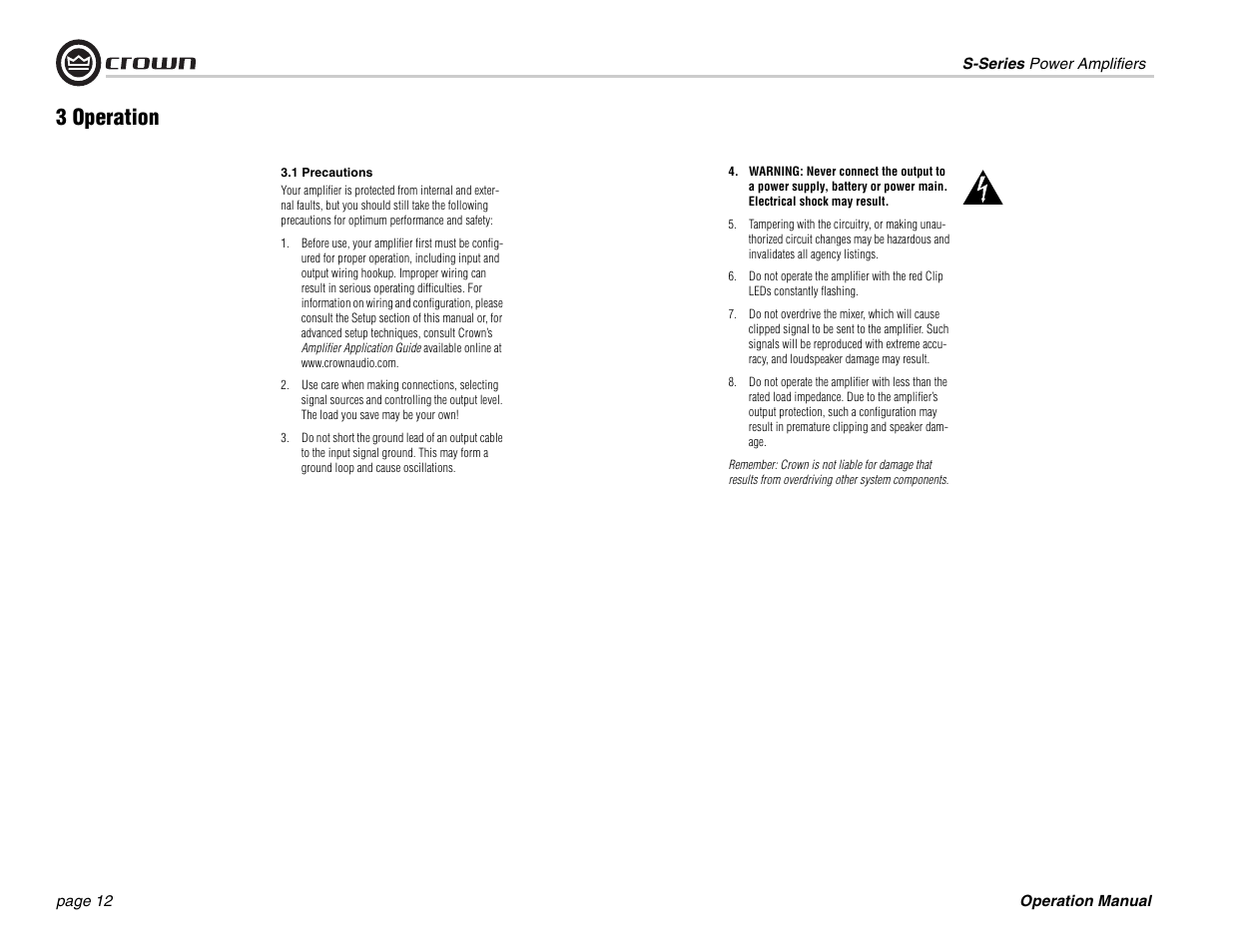 3 operation | Crown Audio S Series User Manual | Page 12 / 28