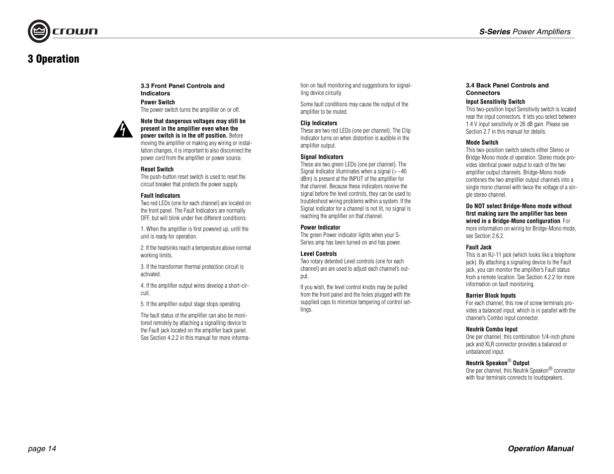 3 operation | Crown Audio S Series User Manual | Page 14 / 28