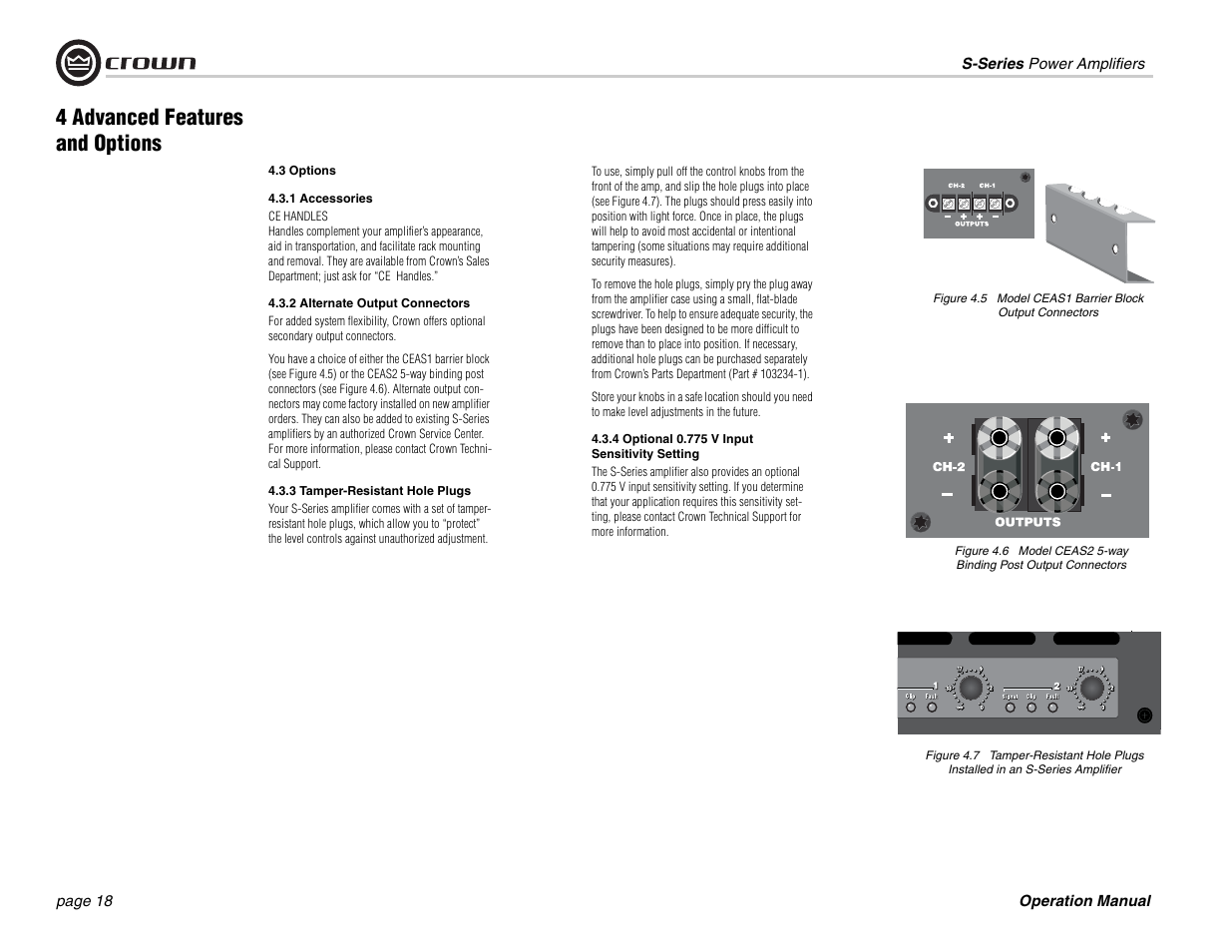 4 advanced features and options | Crown Audio S Series User Manual | Page 18 / 28