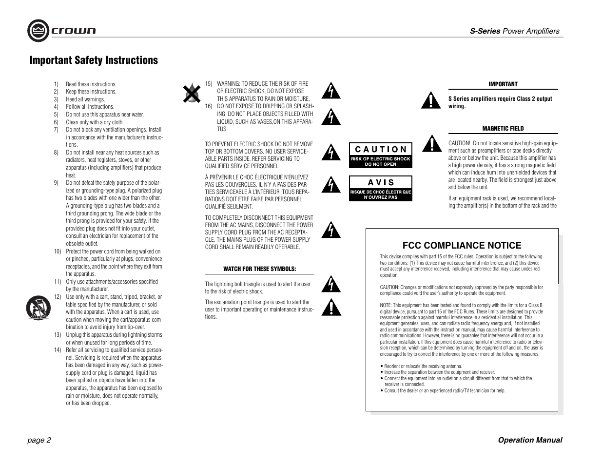 Important safety instructions, Fcc compliance notice | Crown Audio S Series User Manual | Page 2 / 28