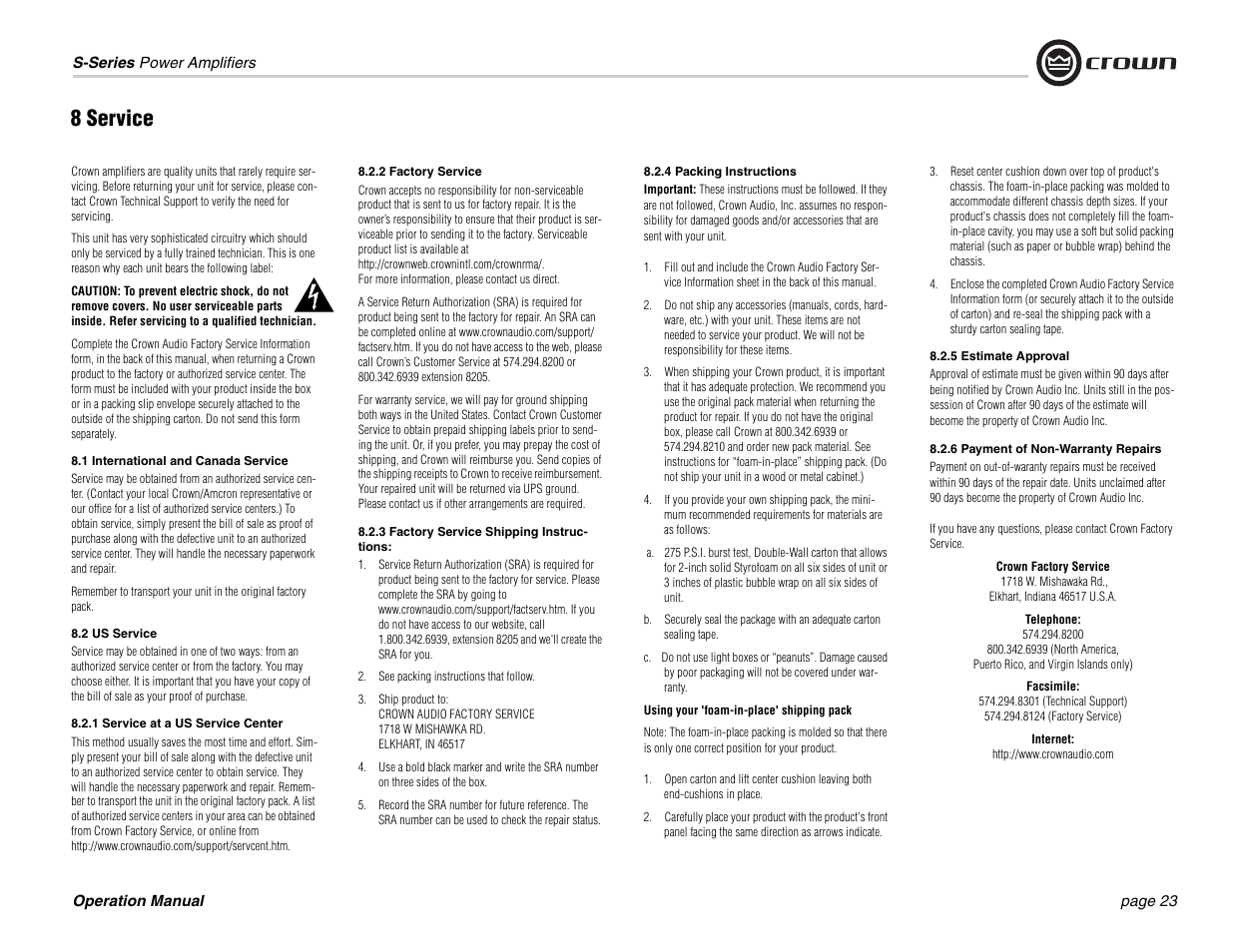 8 service | Crown Audio S Series User Manual | Page 23 / 28