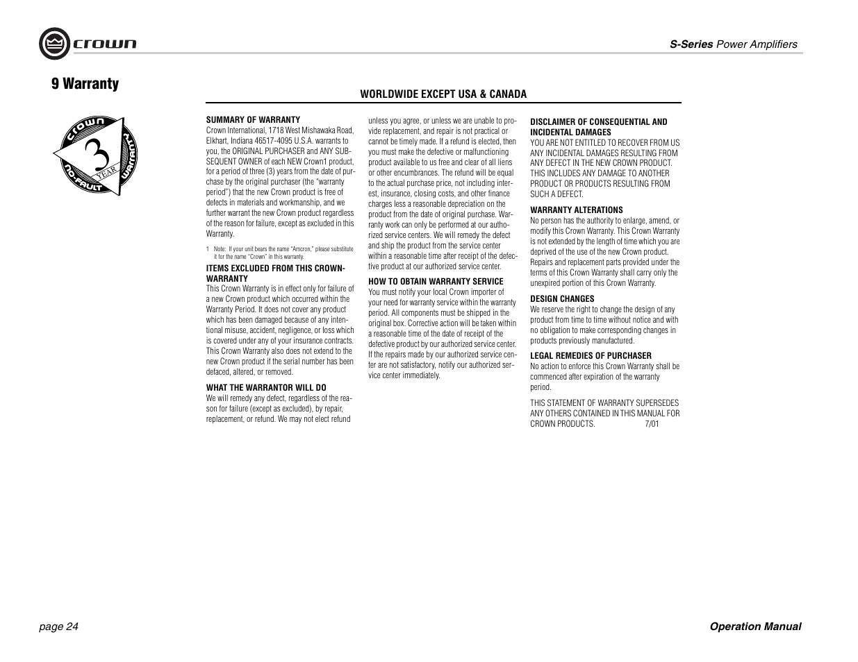 9 warranty | Crown Audio S Series User Manual | Page 24 / 28