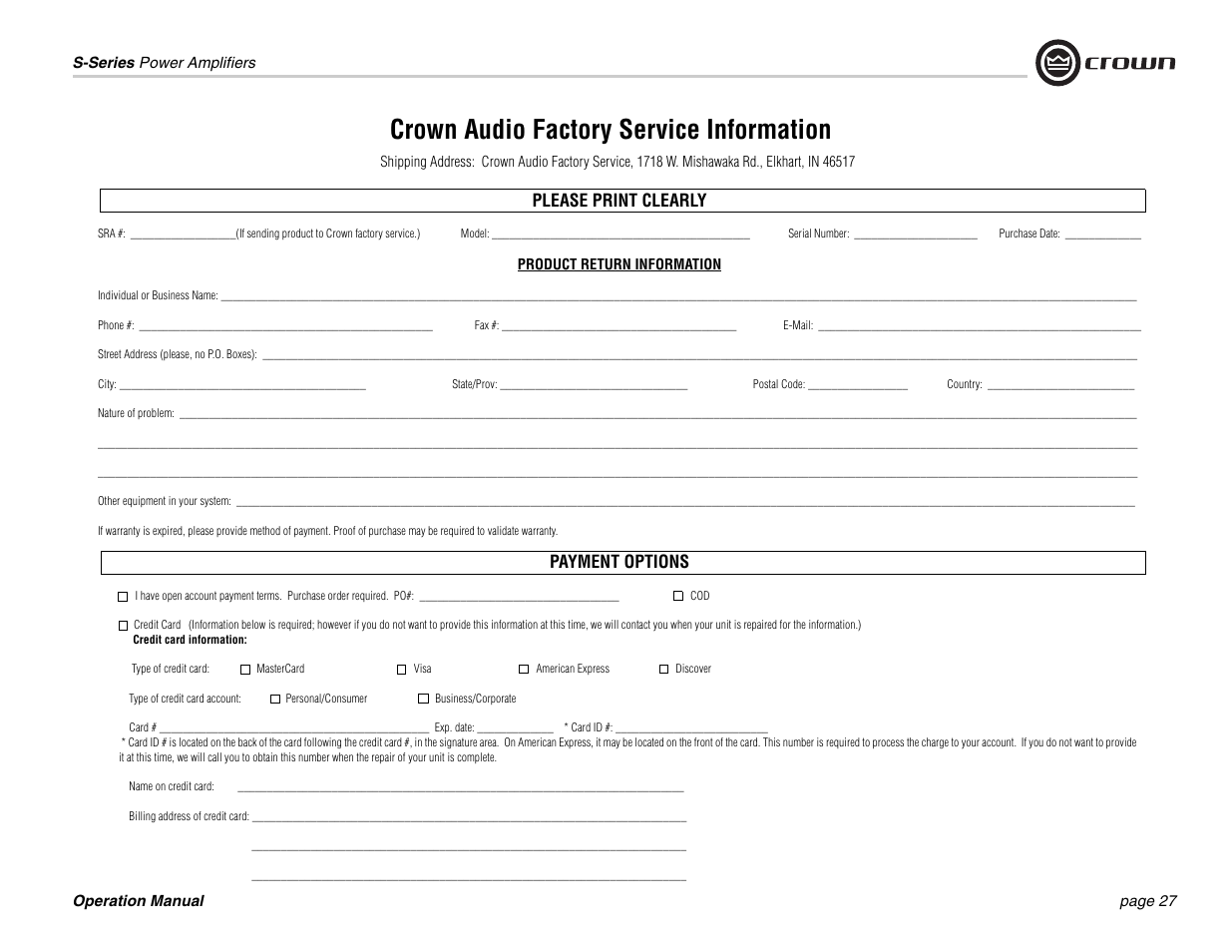 Crown audio factory service information | Crown Audio S Series User Manual | Page 27 / 28