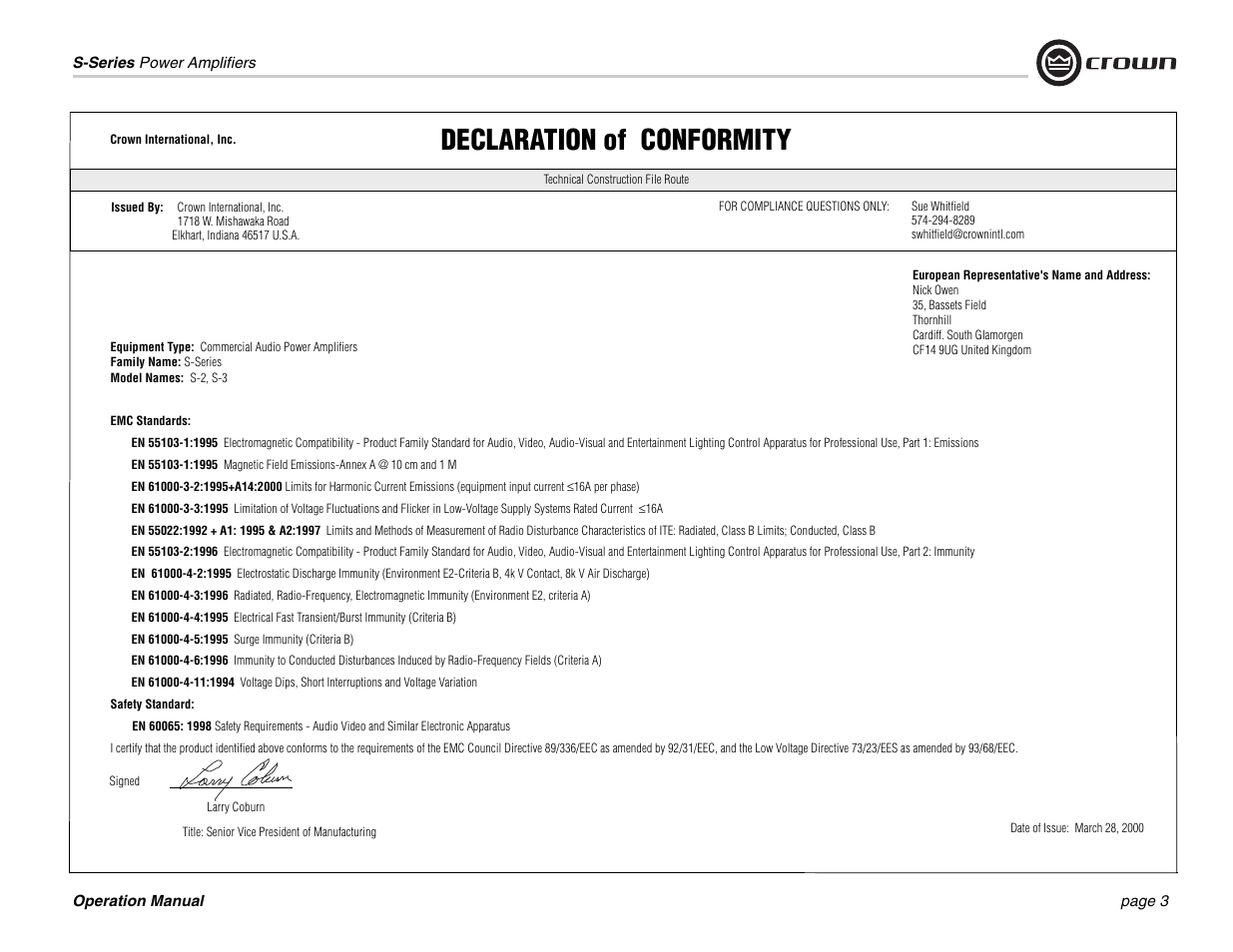 Declaration of conformity | Crown Audio S Series User Manual | Page 3 / 28