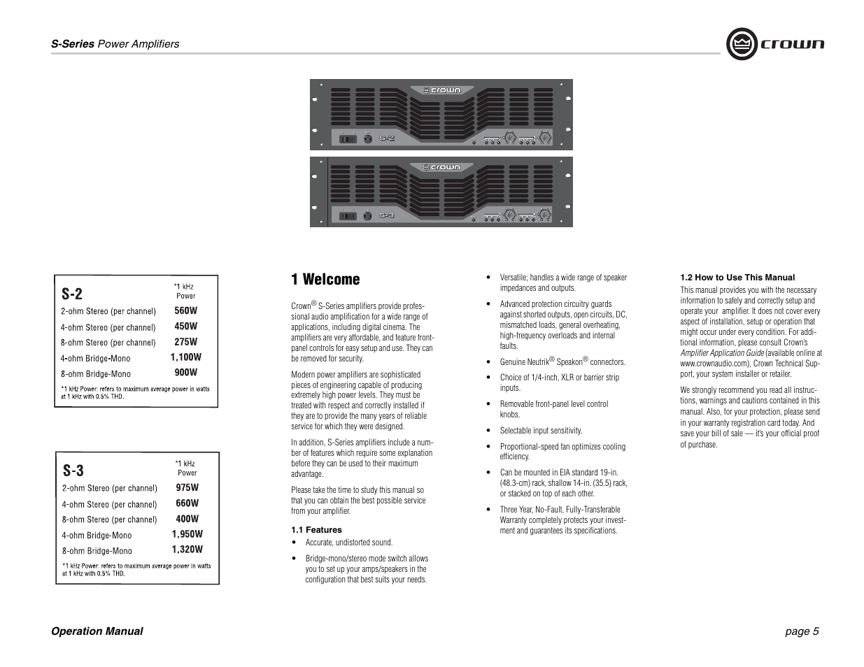 1 welcome | Crown Audio S Series User Manual | Page 5 / 28