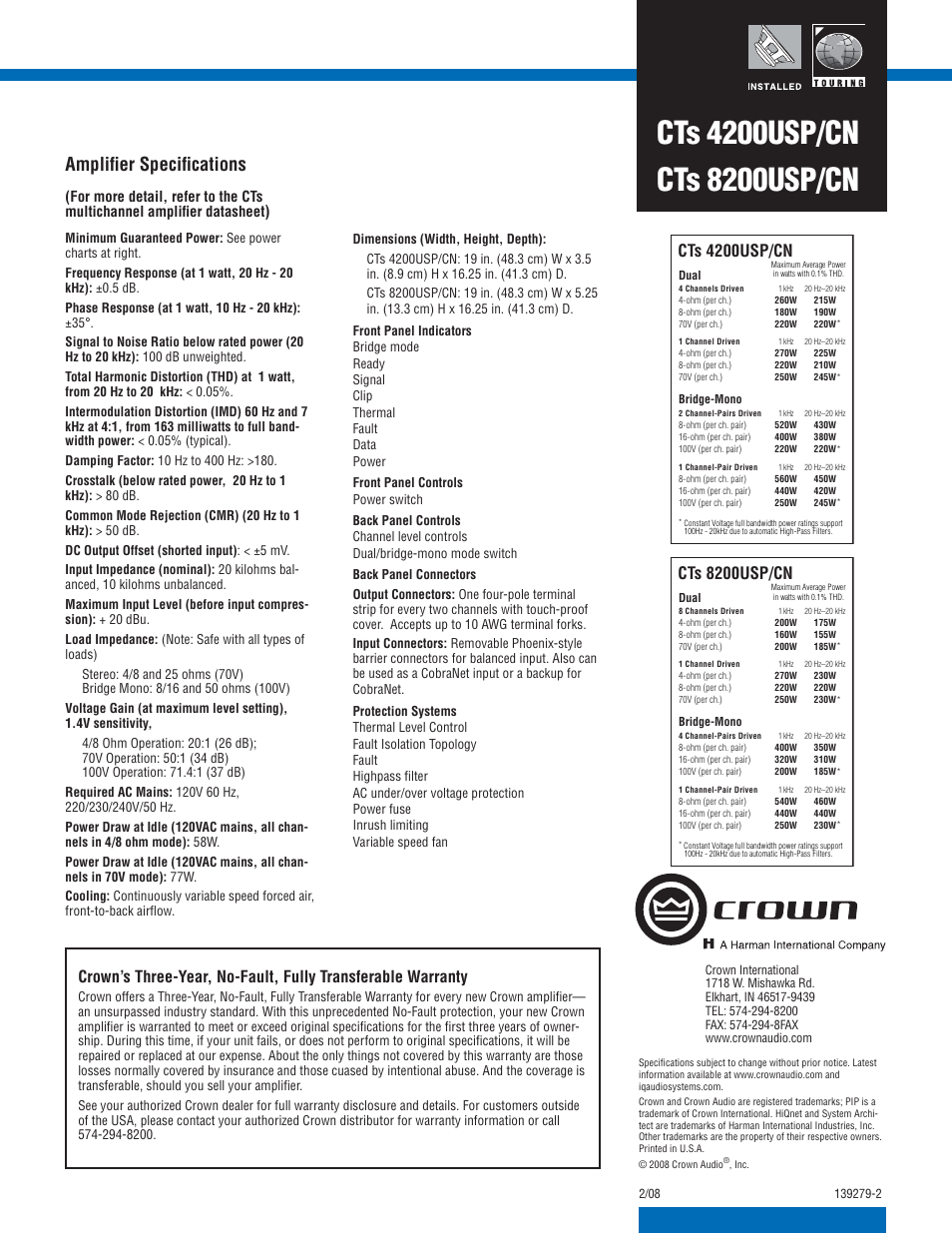 Amplifi er specifi cations, Cts 8200usp/cn, Cts 4200usp/cn | Crown Audio CTs 4200 USP/CN User Manual | Page 2 / 2