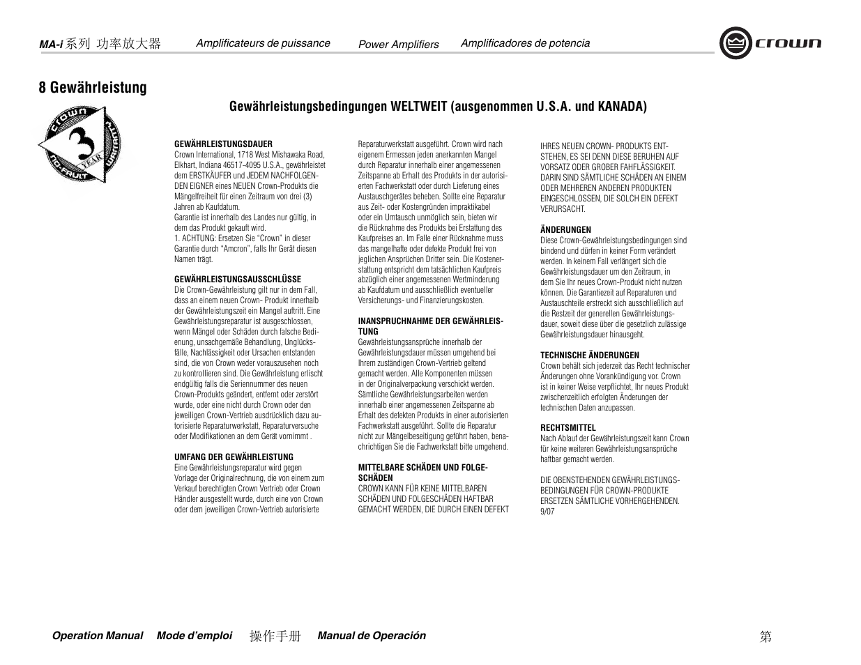 8 gewährleistung | Crown Audio MA-12000i User Manual | Page 45 / 52