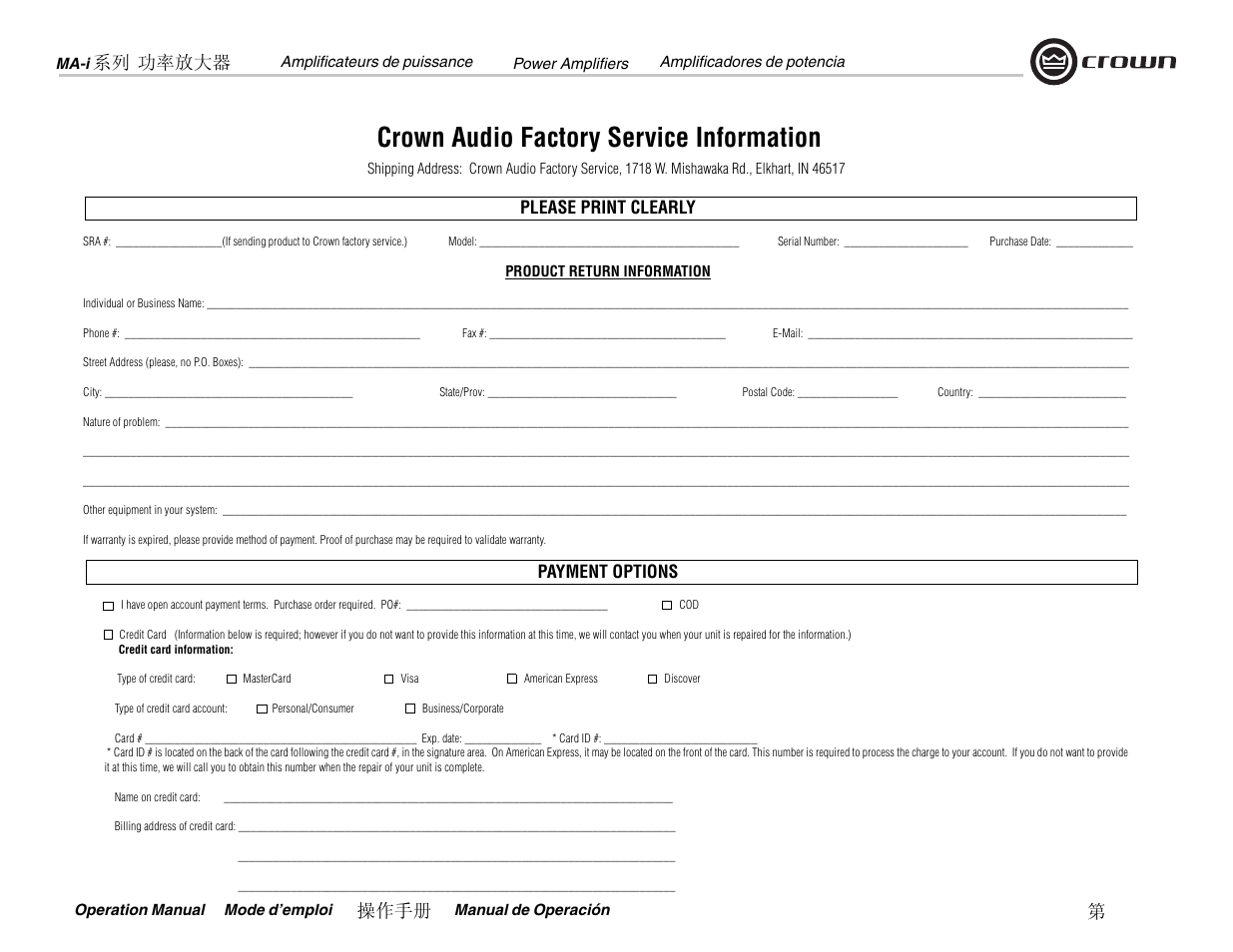 Crown audio factory service information | Crown Audio MA-12000i User Manual | Page 49 / 52