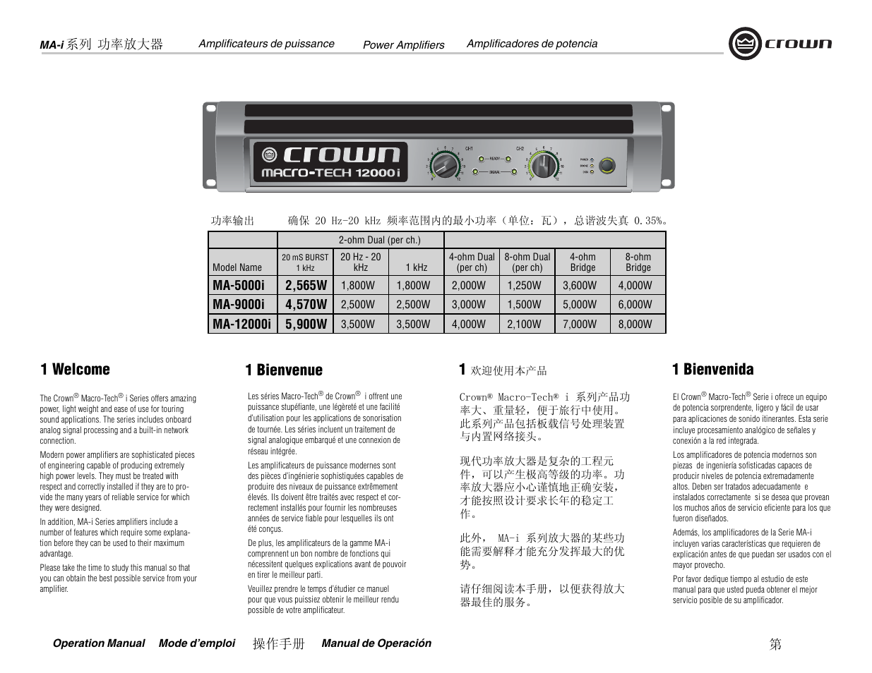 1 welcome, 1 bienvenue 1, 1 bienvenida | Crown Audio MA-12000i User Manual | Page 5 / 52