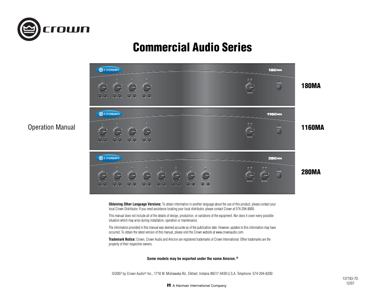 Crown Audio 180MA 280MA User Manual | 24 pages
