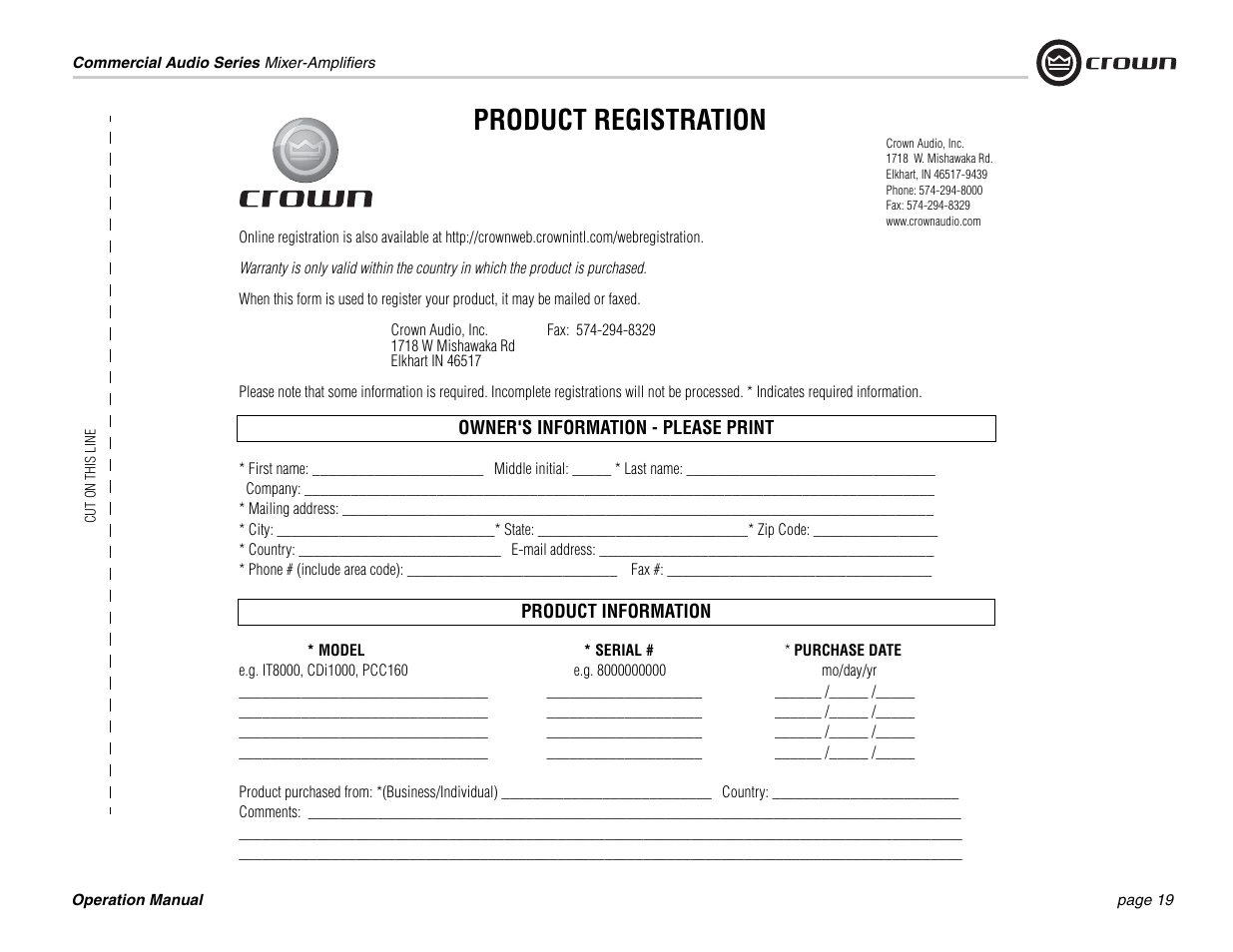 Product registration | Crown Audio 180MA 280MA User Manual | Page 19 / 24