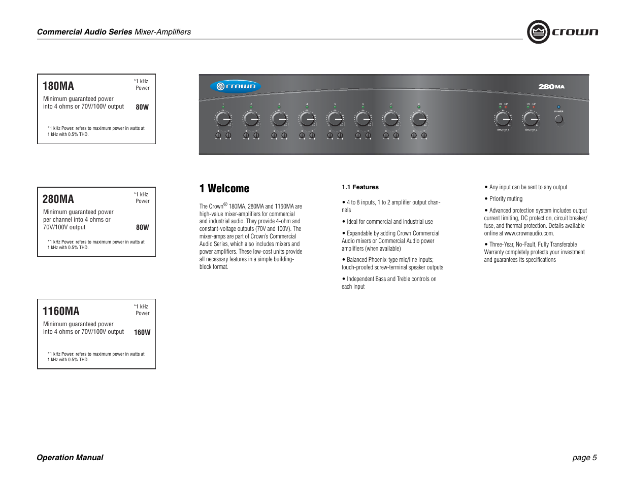 1 welcome, 180ma, 1160ma | 280ma | Crown Audio 180MA 280MA User Manual | Page 5 / 24