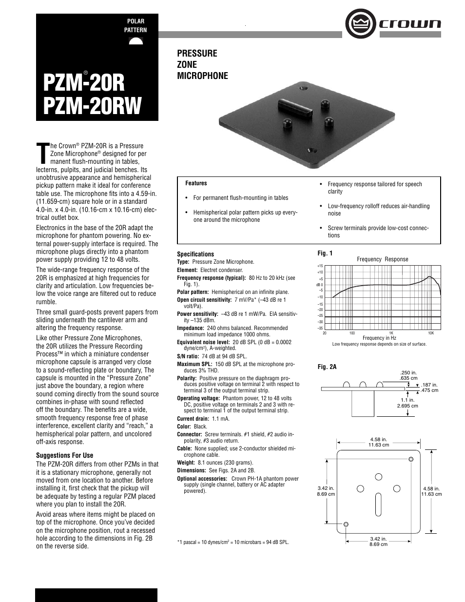 Crown Audio PZM-20RW User Manual | 2 pages