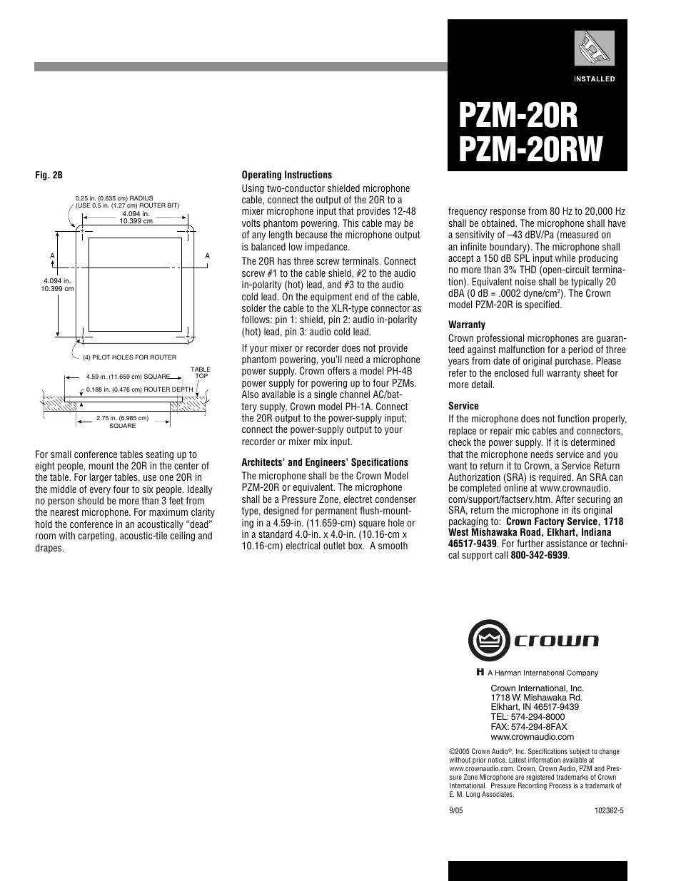 Pzm-20r pzm-20rw | Crown Audio PZM-20RW User Manual | Page 2 / 2