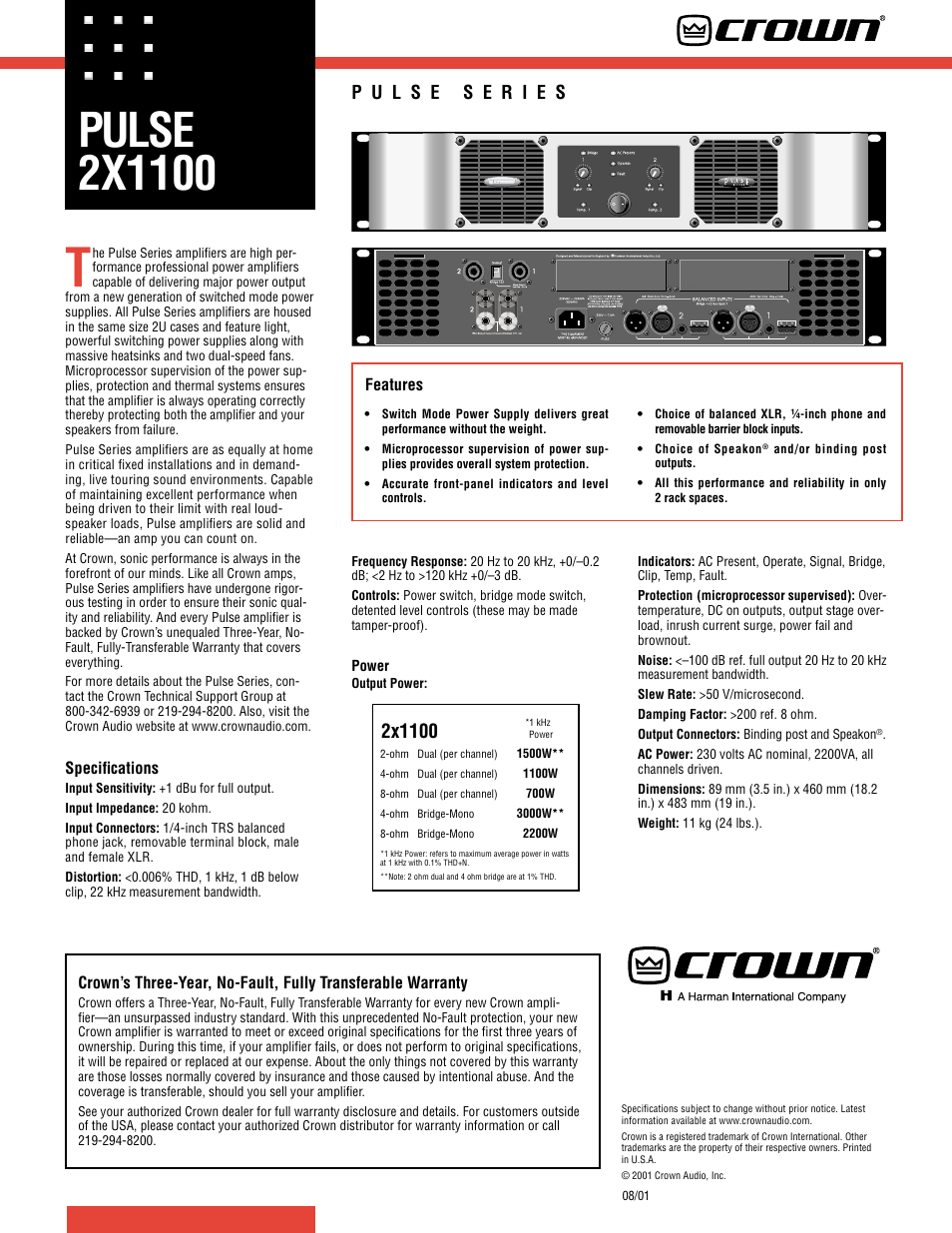 Crown Audio Pulse 2X1100 User Manual | 1 page