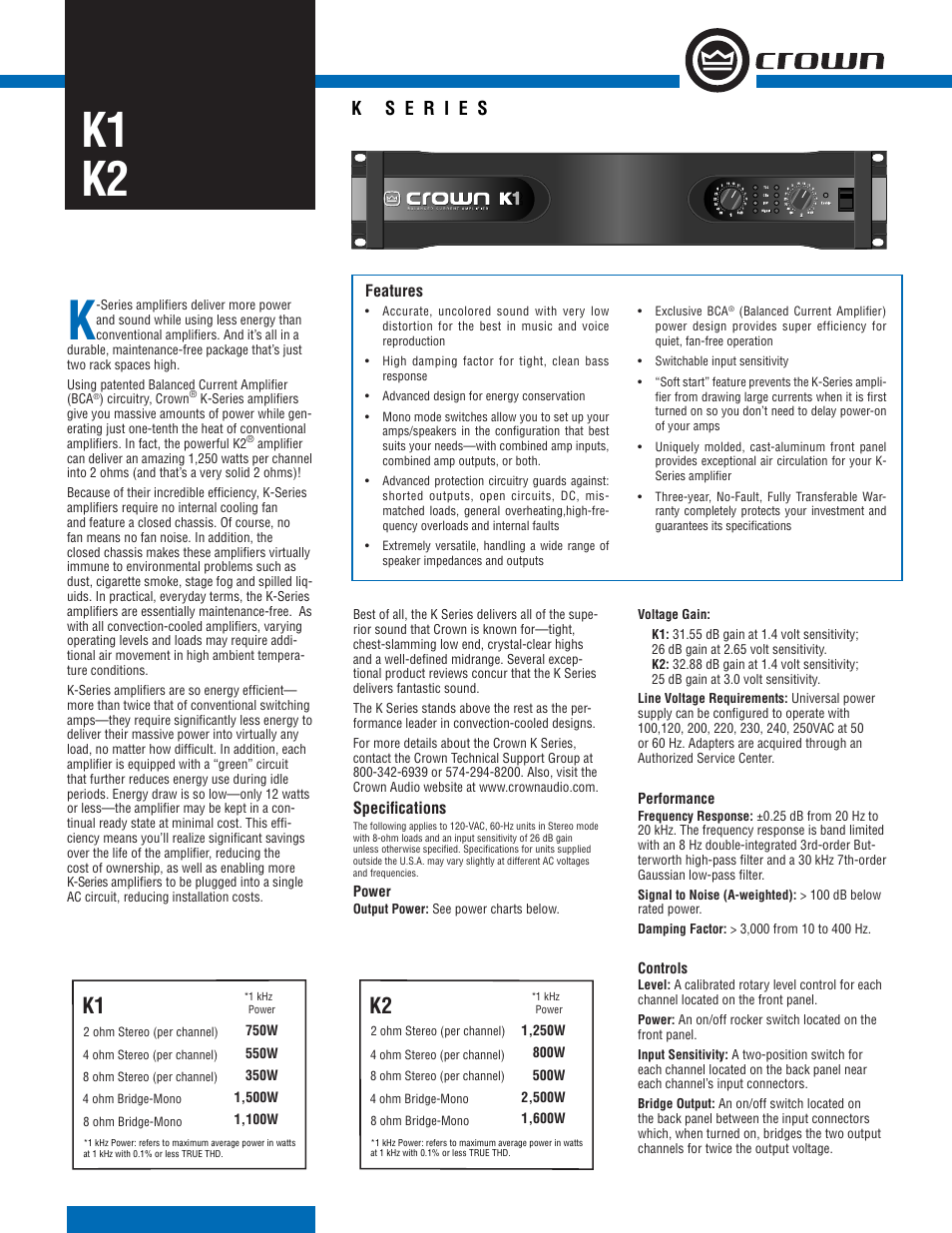 Crown Audio K1 User Manual | 2 pages