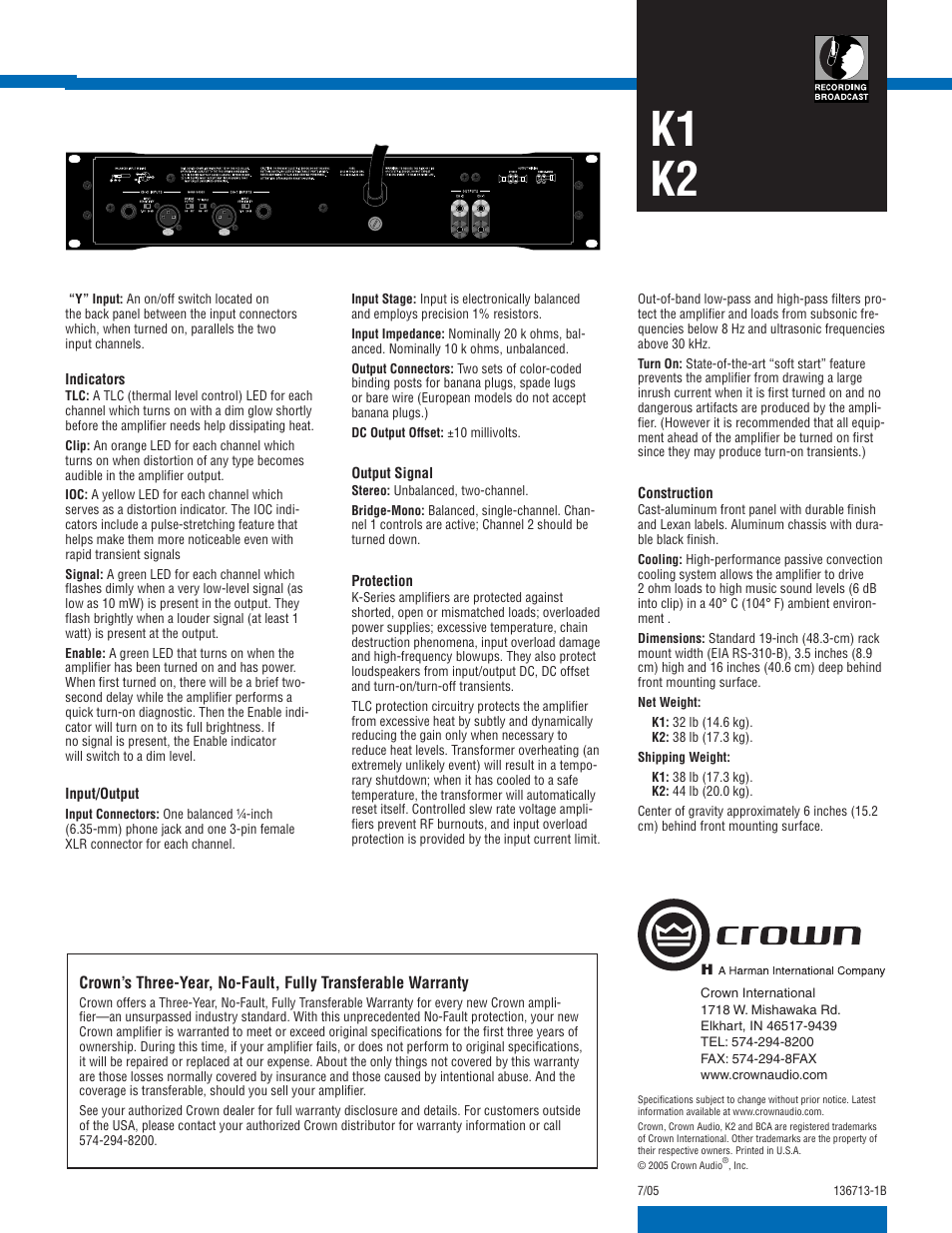 K1 k2 | Crown Audio K1 User Manual | Page 2 / 2