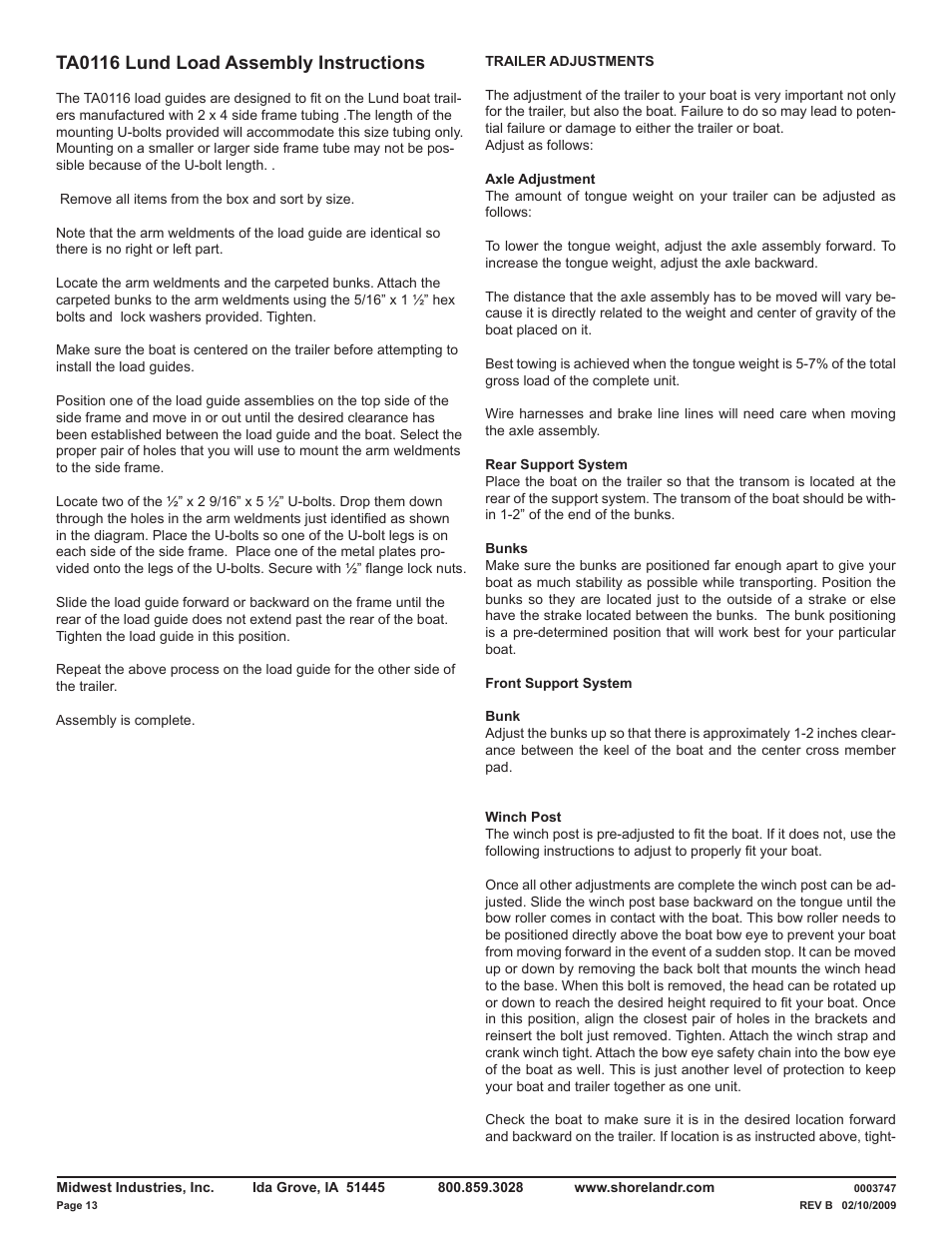 Ta0116 lund load assembly instructions | ShoreLand'r LUB40TABBXLW V.4 User Manual | Page 13 / 15