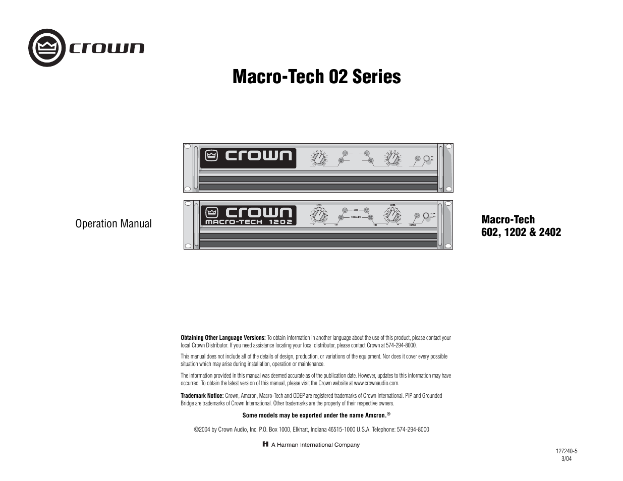 Crown Audio 1202 & 2402 User Manual | 36 pages