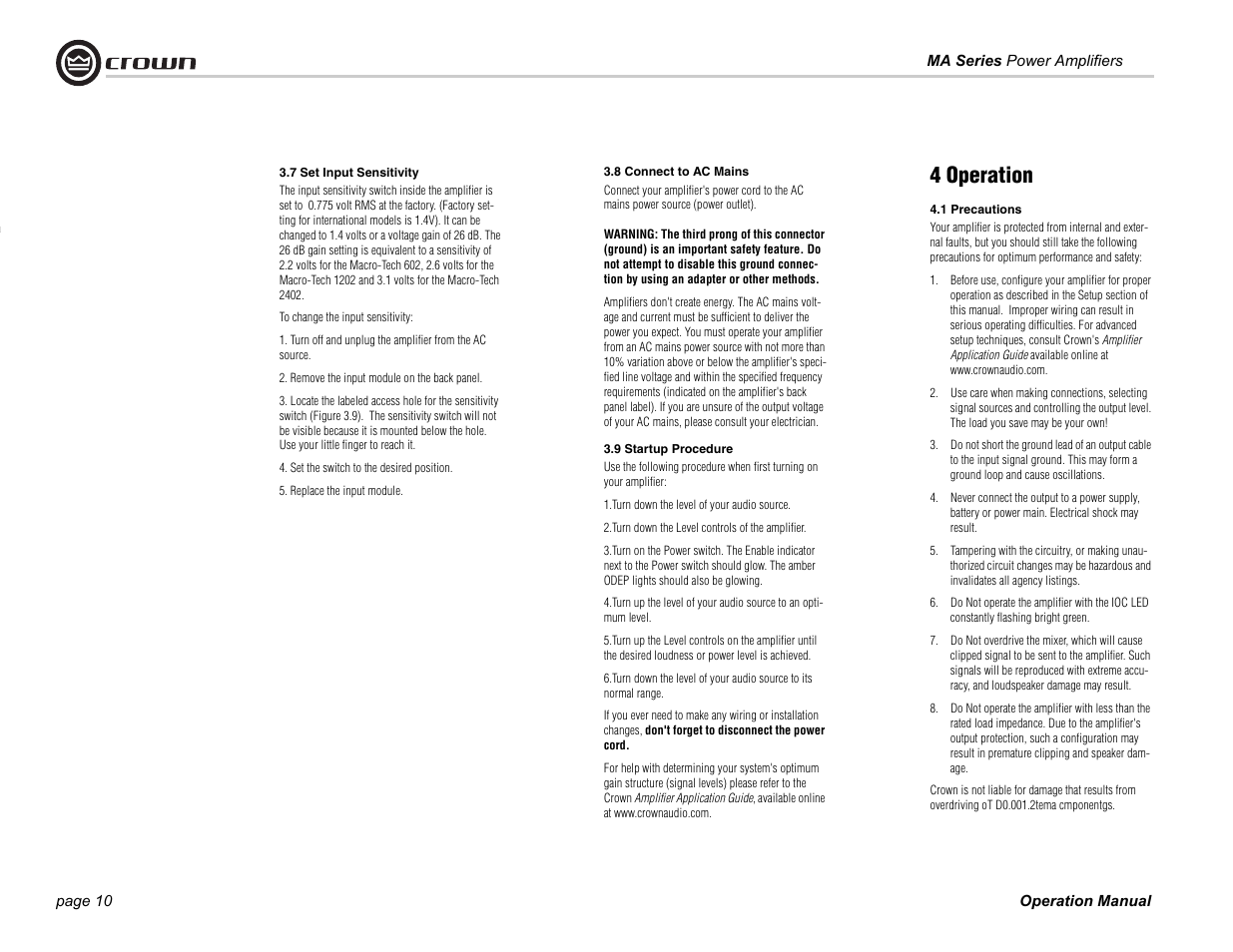 4 operation | Crown Audio 1202 & 2402 User Manual | Page 10 / 36
