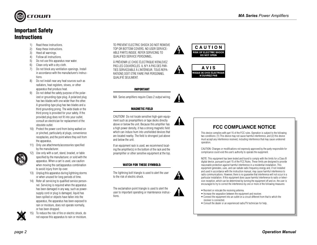 Important safety instructions, Fcc compliance notice | Crown Audio 1202 & 2402 User Manual | Page 2 / 36