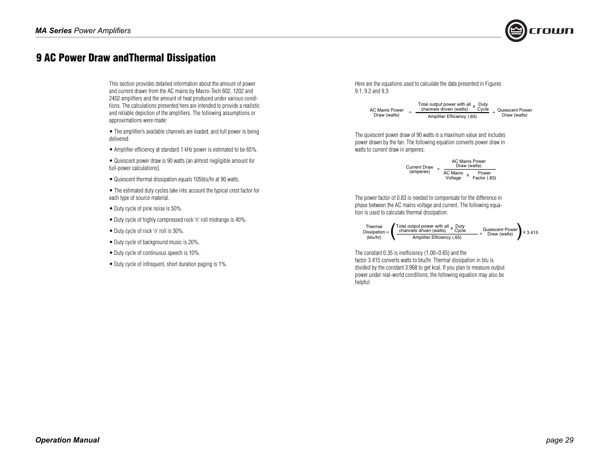 9 ac power draw andthermal dissipation | Crown Audio 1202 & 2402 User Manual | Page 29 / 36