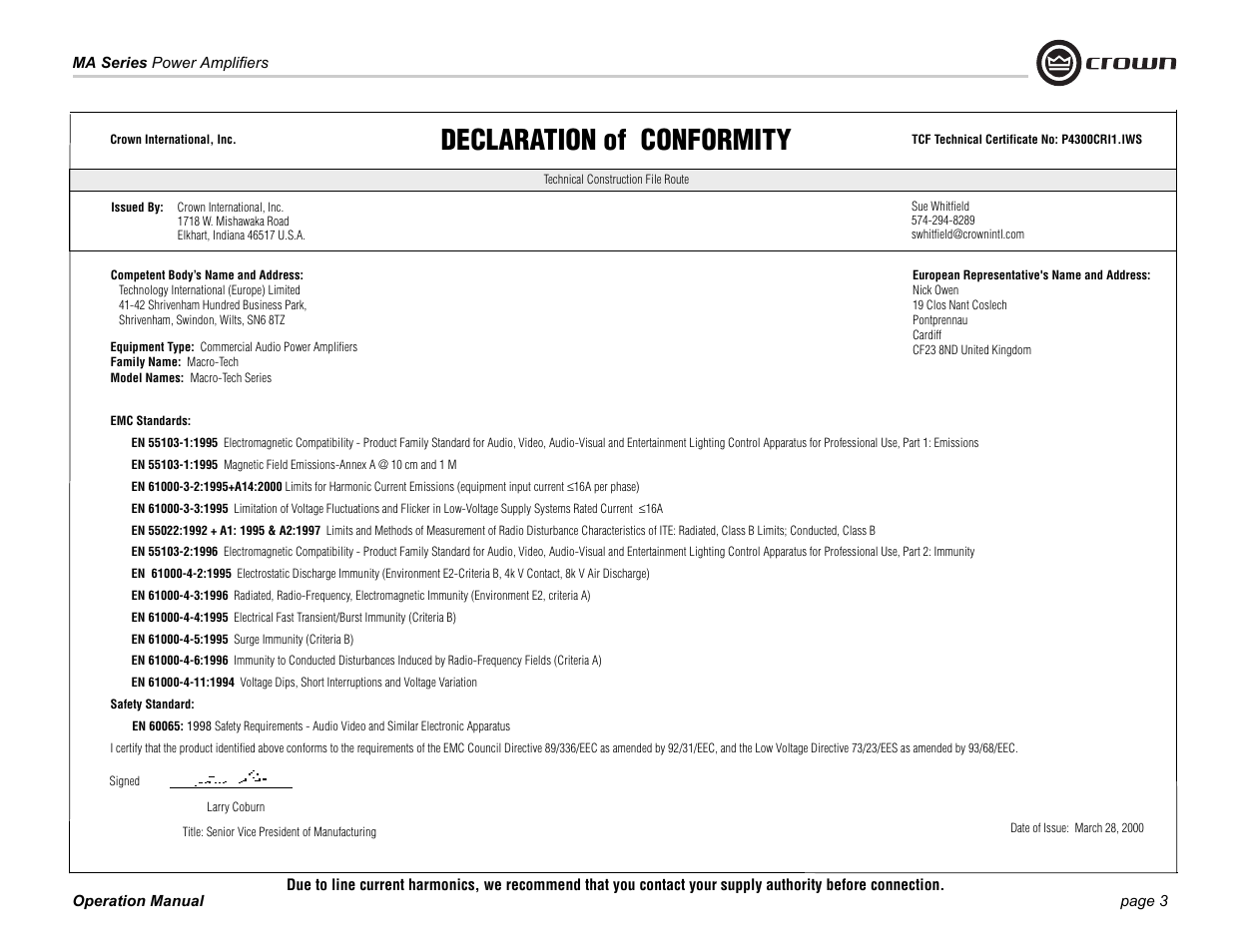 Declaration of conformity | Crown Audio 1202 & 2402 User Manual | Page 3 / 36