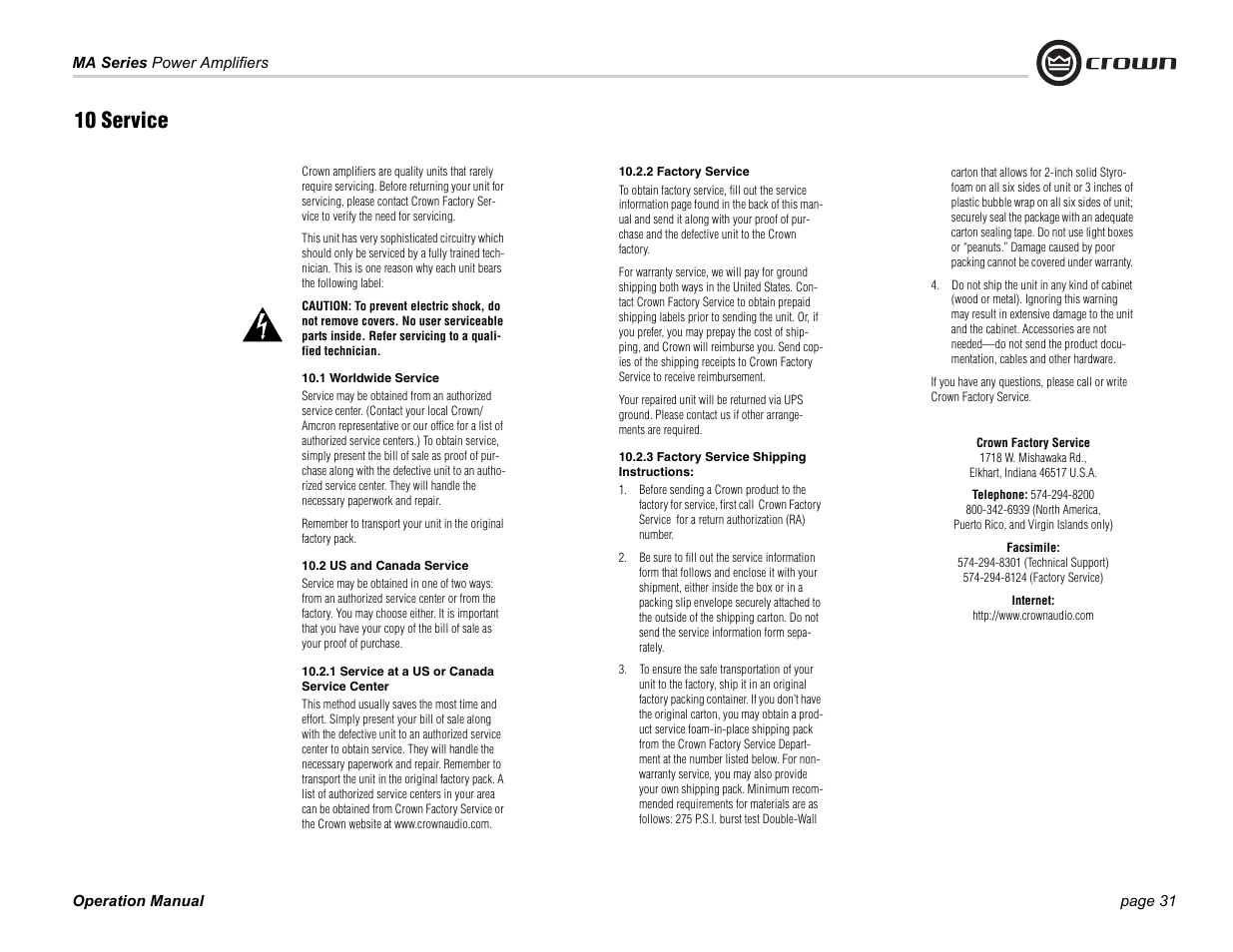 10 service | Crown Audio 1202 & 2402 User Manual | Page 31 / 36