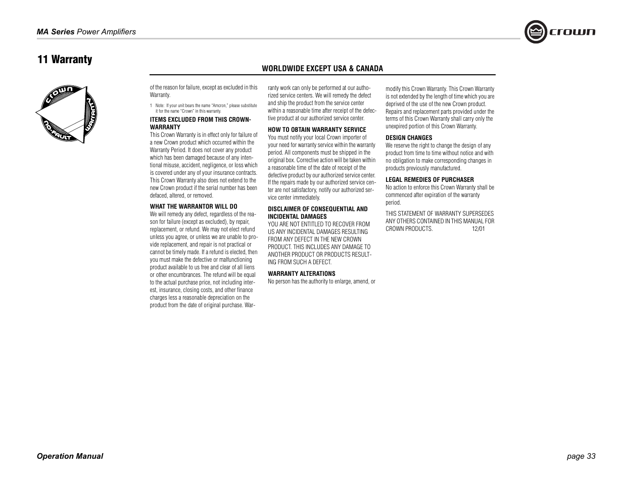 11 warranty | Crown Audio 1202 & 2402 User Manual | Page 33 / 36