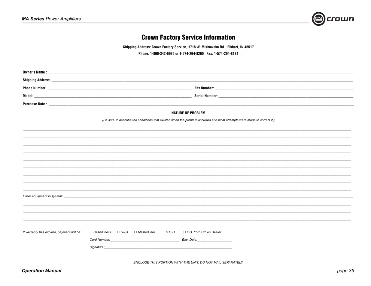 Crown factory service information | Crown Audio 1202 & 2402 User Manual | Page 35 / 36
