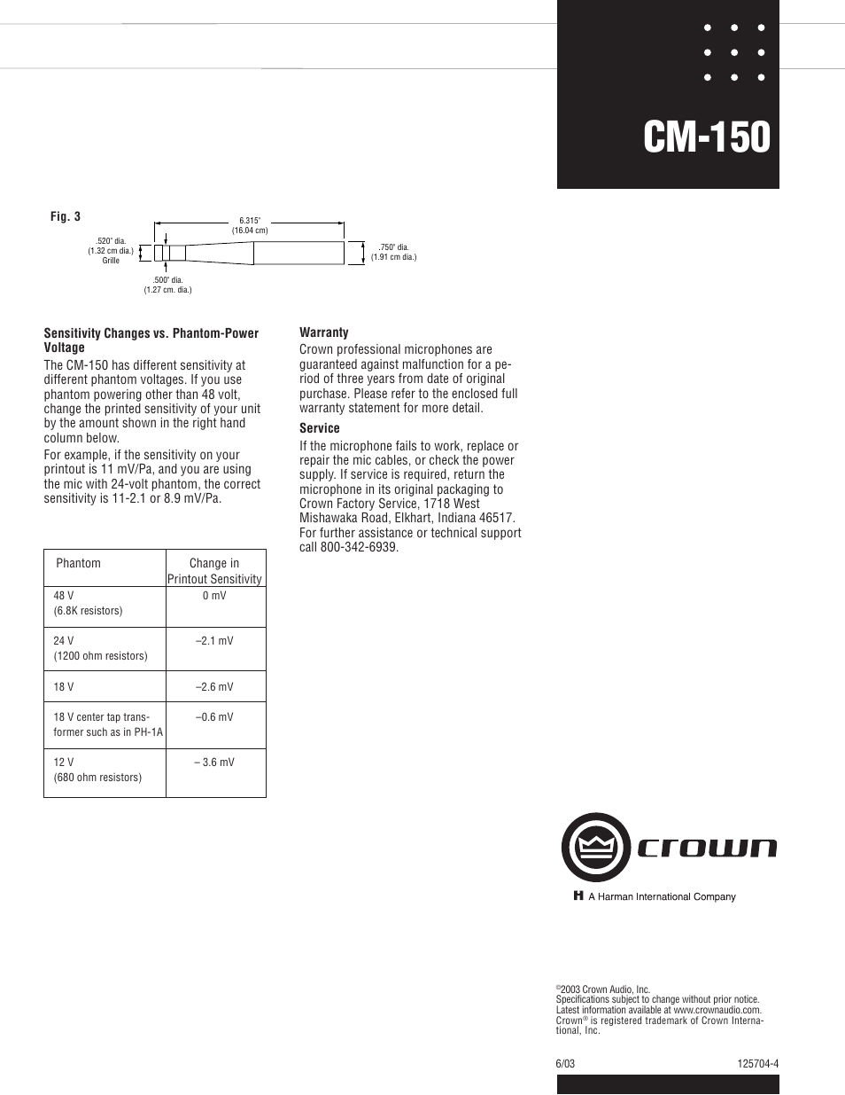 Cm-150 | Crown Audio CM-150 User Manual | Page 2 / 2
