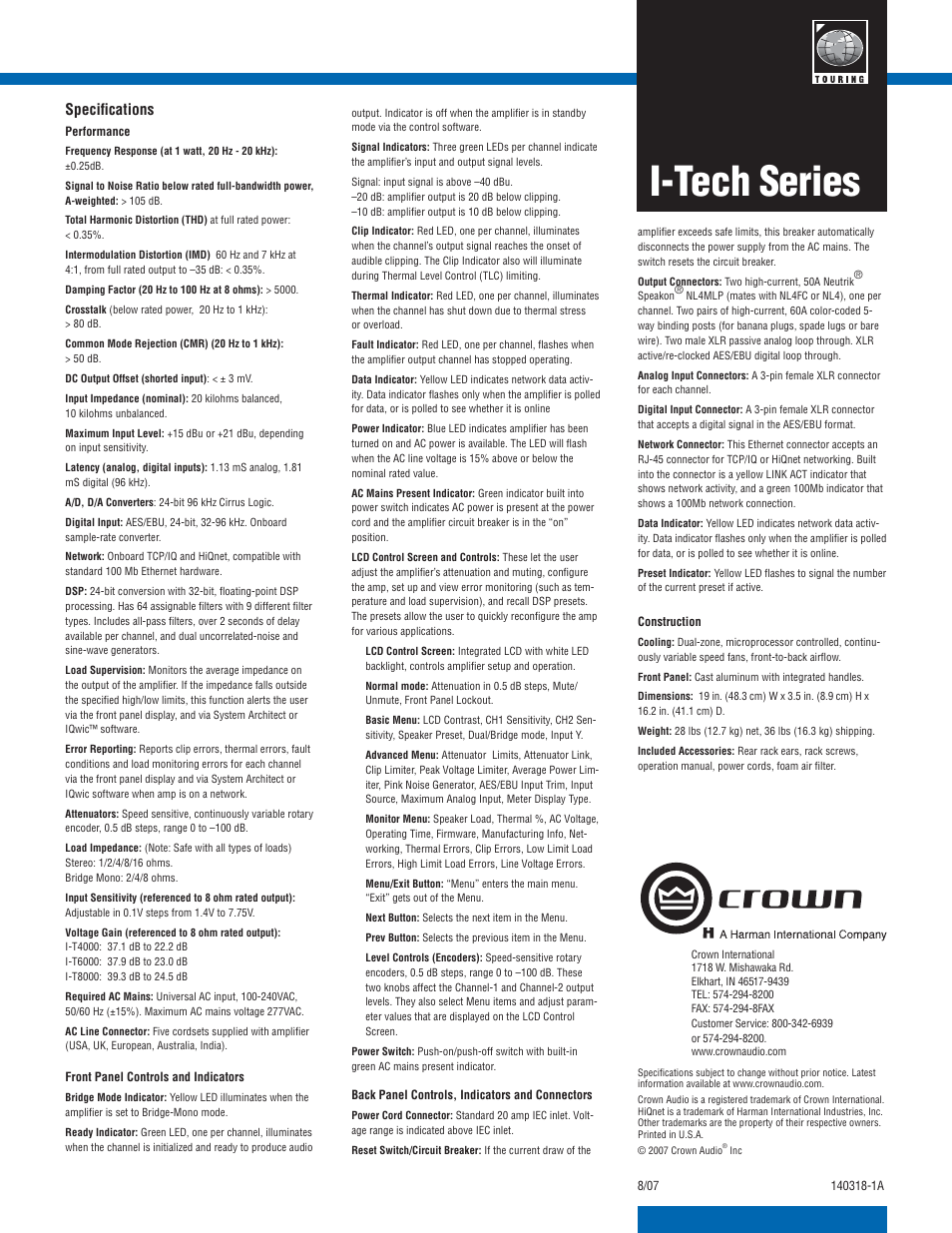 I-tech series, Specifi cations | Crown Audio I-TECH 4000 User Manual | Page 2 / 2