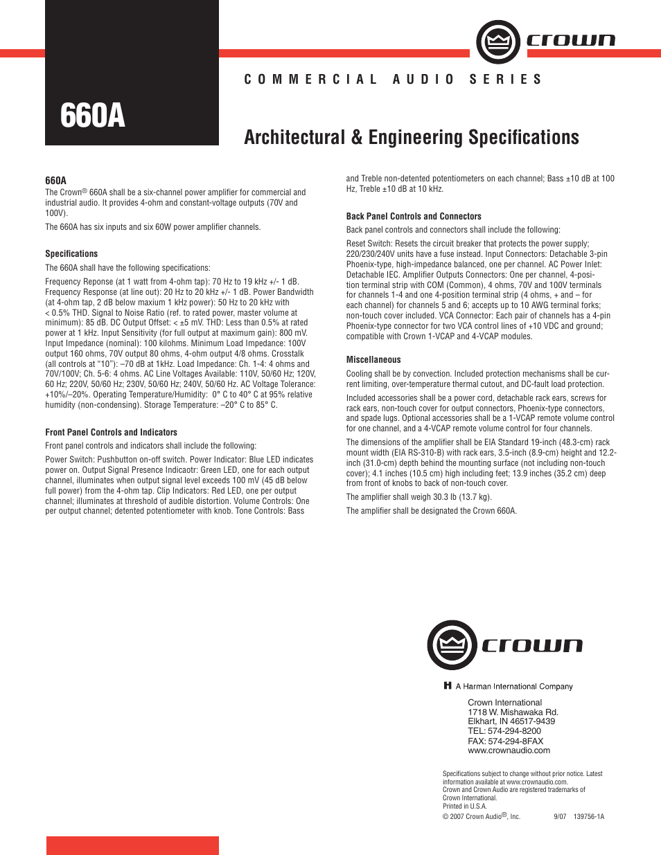 Crown Audio 660A User Manual | 1 page