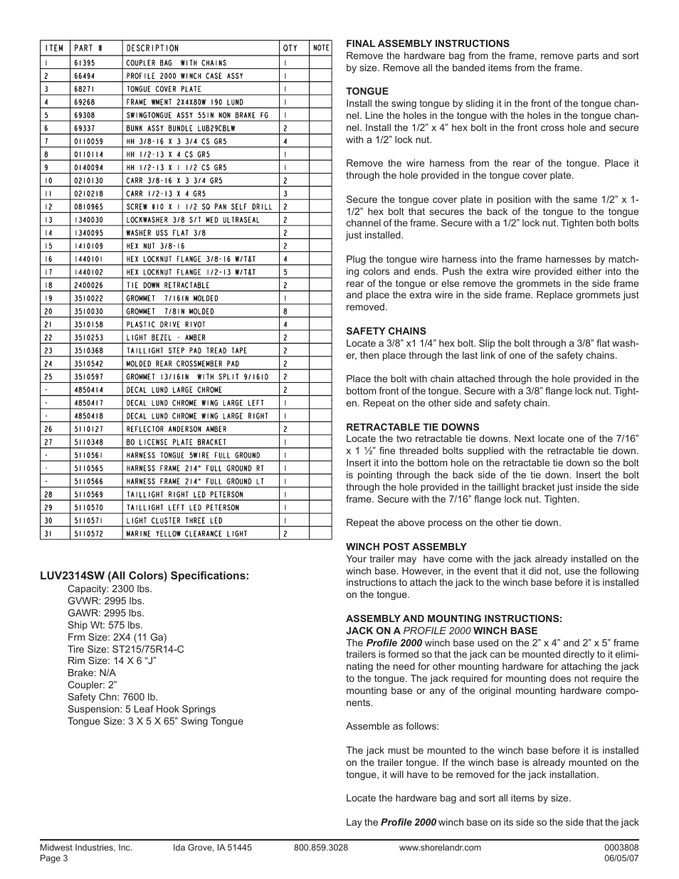 Luv2314sw (all colors) specifications | ShoreLand'r LUV2314SW V.2 User Manual | Page 3 / 10
